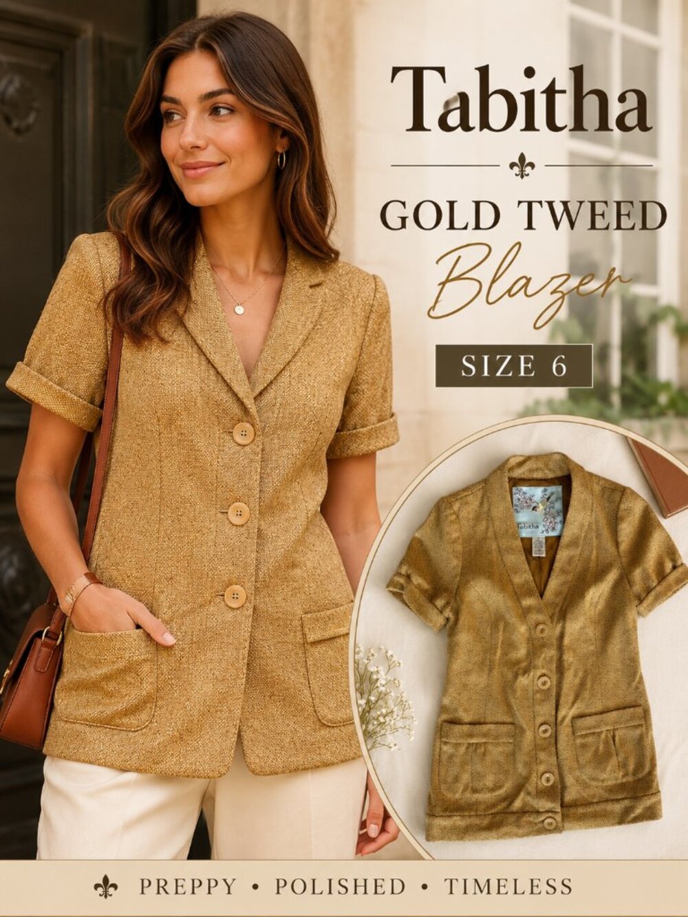Tabitha Gold Tweed Short Sleeve Blazer Jacket Preppy Academia Size 6